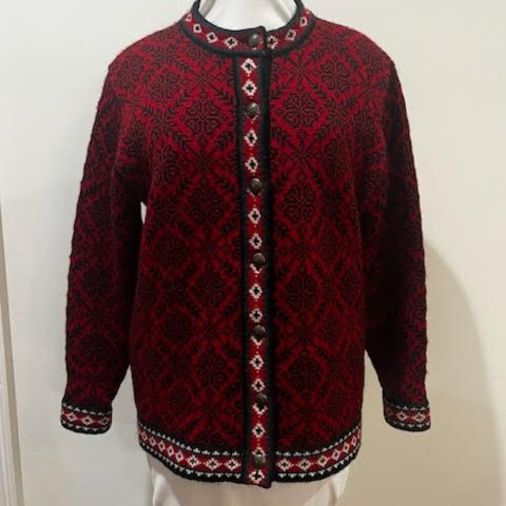 LL Bean 100% Merino Wool Button Down Patterned Knit Cardigan Sweater Women's L